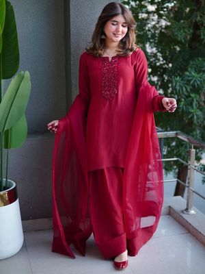 Red Wine Color Cherry georgette Three pieces_img_5
