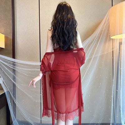 Ice silk pajamas women long sleeve sexy lace hollow nightdress_img_2