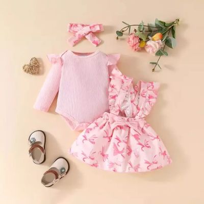 Adorable Baby Girl 3-Piece Set – Ribbed Romper, Printed Suspender Dress & Headband