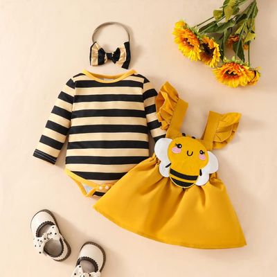 Buzzing Cute Baby Girl Outfit Set – Bee-Themed 3-Piece (Romper, Dress & Headband)