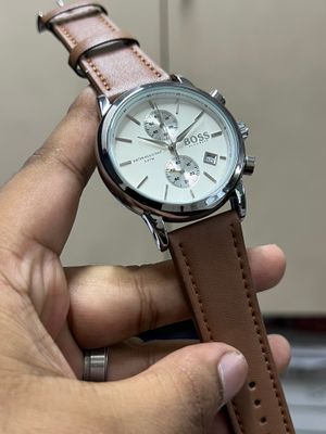 BOSS BELT TWO CHRONO MUSTARD BELT SILVER CASE WHITE DIAL_img_0