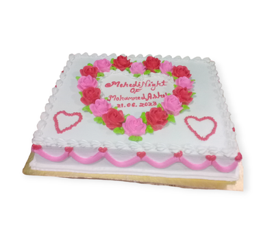 মেহেদি অনুষ্ঠানের জন্য গোলাপ ও হার্ট ডিজাইনের স্কয়ার কেক_img_0