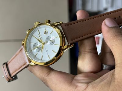 BOSS BELT TWO CHRONO MUSTARD BELT GOLDEN CASE WHITE DIAL