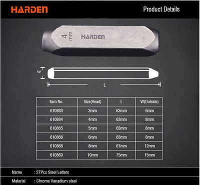 HARDEN 27pcs Steel Letters punch ( 3mm | 4mm | 5mm | 6mm | 8mm | 10mm ) Professional Alphabet Chrome Vanadium punch set; 610863 - 610869_img_1