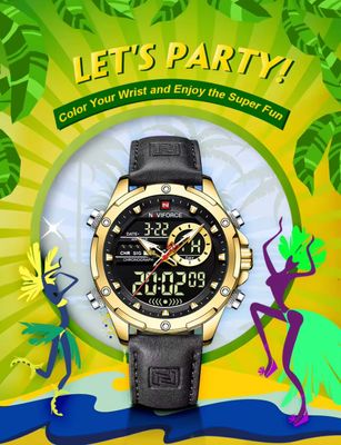 Naviforce 9208 Two Time Gents Belt Watch- Black Dial- Golden Bezel- Black Belt- TF Code NF930BM_img_1