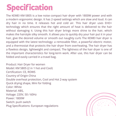Kemei Km-5805 Cool And Hot 3000W high power Electric Hair Dryer For Women_img_3