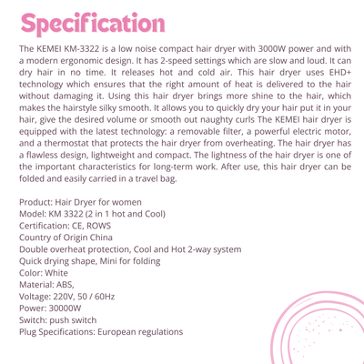 Kemei Km-3322 Cool And Hot 3000W high power Electric Hair Dryer For Women_img_3