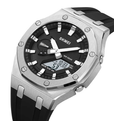 SKMEI 2243 Analogue+Digital Silicone Strap Sports Watch- Black Dial with White Markings- Silver Bezel- Black Strap- TF Code SK959DB_img_2
