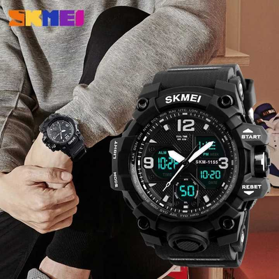 SKMEI 1155 Analogue+Digital Silicone Strap Sports Watch- Black Dial- Black Bezel- Black Strap- TF Code SK956DB_img_2