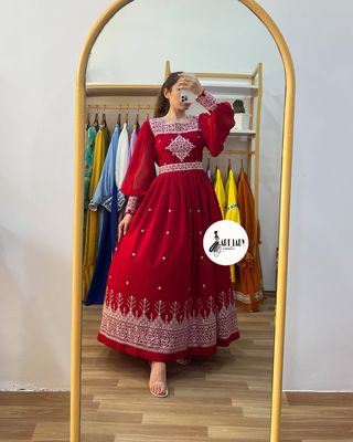 Cherry Georgette  Embroidered Work Party Gown