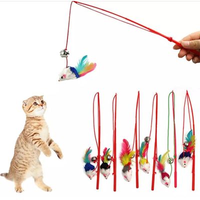 1pcs Cat Toy Mouse On A Stick Teaser Metal Bell Feather Play Pet Dangler Wand_img_0