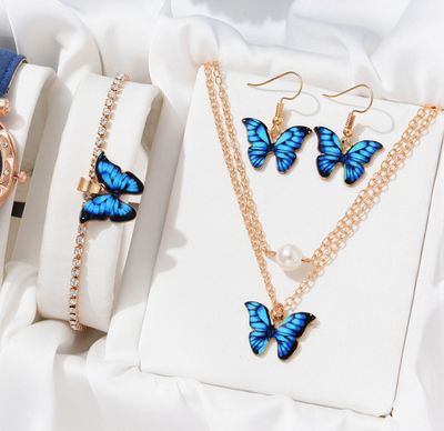 Multi- Color Butterfly Necklace and Earrings 3-Piece Set Bohemian Style Pendant Clavicle Chain_img_0