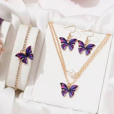 Multi-Color Butterfly Necklace and Earrings 3-Piece Set Bohemian Style Pendant Clavicle Chain_img_0