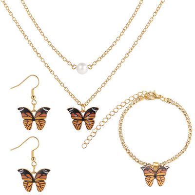 Multi-Color Butterfly Necklace and Earrings 3-Piece Set Bohemian Style Pendant Clavicle Chain_img_0