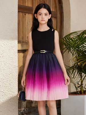 Imported 🌈 Girls' Gradient Summer Dress – Korean Style Pleated Vest_img_7