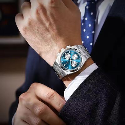 Poedagar 970 Gents Chronograph Chain Watch- Blue Dial- Silver Bezel- Silver Chain- TF Code PD953CM_img_1