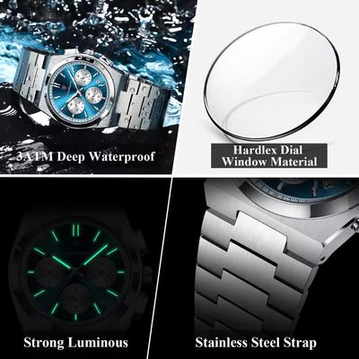 Poedagar 970 Gents Chronograph Chain Watch- Blue Dial- Silver Bezel- Silver Chain- TF Code PD953CM_img_4