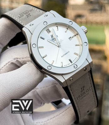 HUBLOT AUTOMOTIC GRAY VELVET BELT SILVER CASE WHITE DIAL_img_0