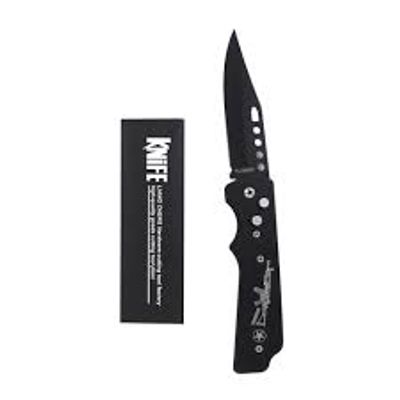 Navaja táctica de acero inoxidable en color negro de 20cm con estampado de arma / stainless Steel knife /_img_2