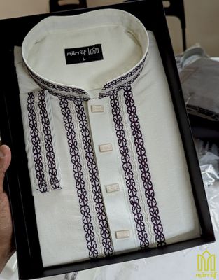 Ethereal Soft Cream Cotton Panjabi with Delicate Embroidery_img_1