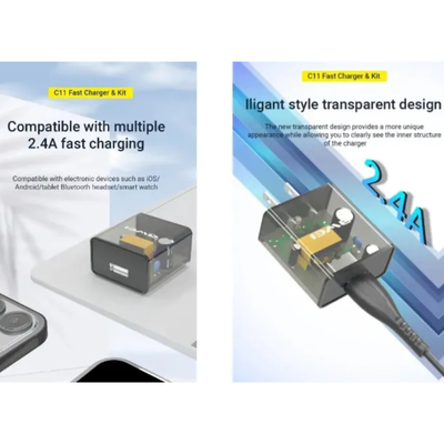 Awei C11T Fast Charging Type-C Adapter Transparent Wall Charger with 1M Type-C Data Transfer Cable_img_1