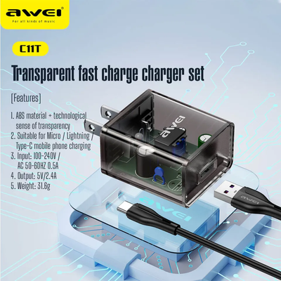 Awei C11T Fast Charging Type-C Adapter Transparent Wall Charger with 1M Type-C Data Transfer Cable_img_2
