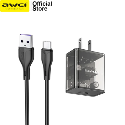 Awei C11T Fast Charging Type-C Adapter Transparent Wall Charger with 1M Type-C Data Transfer Cable_img_0