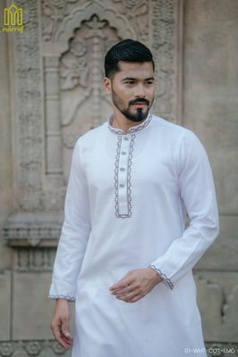 Classic White Cotton Panjabi with Elegant Embroidery_img_2