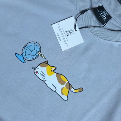Korean Cat Enjoying The Wind (Light Grey) - Oversized Drop Shoulder T-shirt_img_1