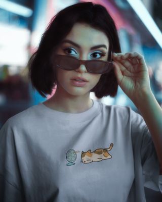 Korean Cat Enjoying The Wind (Light Grey) - Oversized Drop Shoulder T-shirt_img_4