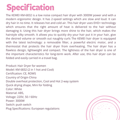 KEMEY KM-6832 mini foldable hair dryer_img_4