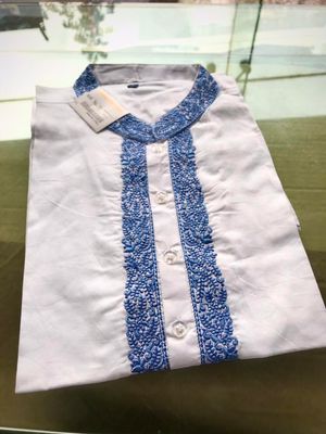 Blue Embroidery White Cotton Men Fotua_img_2