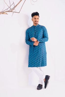 Jacquard Cotton Classic Panjabi for Men- Blue(PJB-018)_img_2