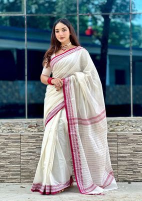 Handloom white maroon par saree_img_0