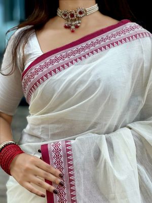 Handloom white maroon par saree_img_5