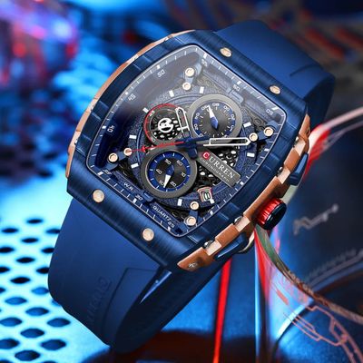 CURREN 8442 MULTI-FUNCTION CHRONOGRAPH MEN WATCH SILICONE BAND SPORTS QUARTZ WATCH-ROSE GOLD & BLUE_img_0