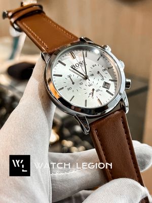 BOSS BELT THREE CHRONO MUSTARD BELT SILVER CASE WHITE DIAL_img_0