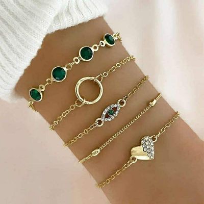 Imitation gemstone water diamond heart-shaped eye 5 pcs bracelet set_img_1