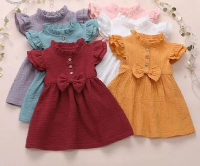 Baby Girls Bow Linen Ruffled Princess Casual Dress_img_0