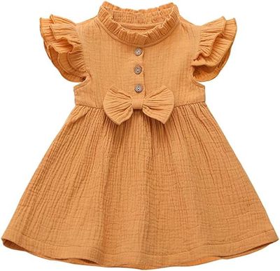 Baby Girls Bow Linen Ruffled Princess Casual Dress_img_1
