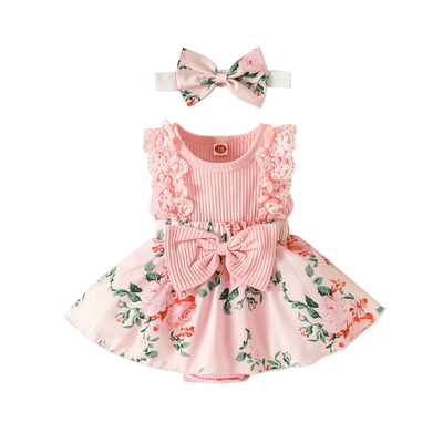 Baby Girl Sleeveless Lace Floral Romper Dress with Headband (0 to 12 months)_img_2