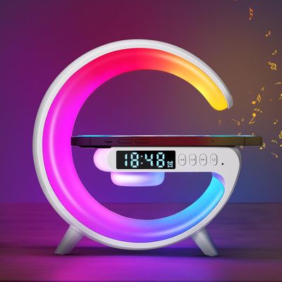 G63 4 In 1 Bluetooth Speaker 10W Multifunctional Wireless Charger Alarm Clock Desk Lamp Bluetooth Speaker LED Atmosphere RGB Night Light Wireless Charging Modern Speaker_img_1