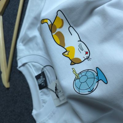 Korean Cat Enjoying The Wind (White) - Premium Oversized Drop Shoulder T-shirt_img_1