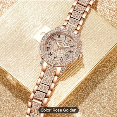 Elegant Women's Quartz Watch - Glamorous Rose Golden with Sparkling Gemstones, Roman Numerals, Stainless Steel Band_img_0
