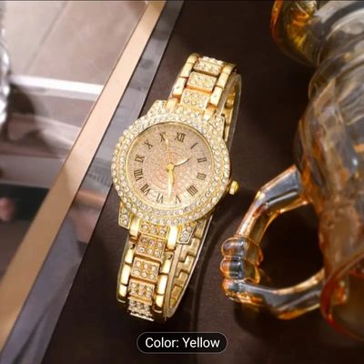 Elegant Women's Quartz Watch - Glamorous Rose Golden with Sparkling Gemstones, Roman Numerals, Stainless Steel Band_img_1