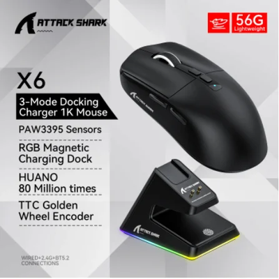 Attack Shark X6 PAW3395 Tri-Mode Wireless Gaming Mouse with DOCK