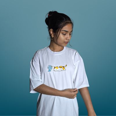 Korean Cat Enjoying The Wind (White) - Premium Oversized Drop Shoulder T-shirt_img_0