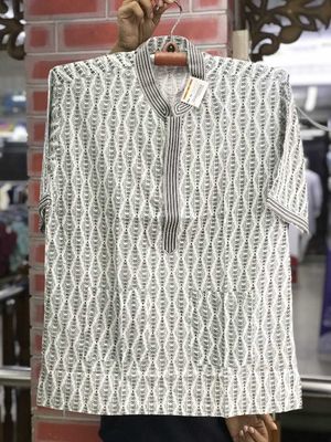 Men's White Patterned Short Sleeve Fatua - Casual Bengali Style_img_1