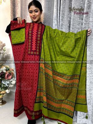 প্রিমিয়াম কোয়ালিটি ব্লক প্রিন্ট কটন থ্রি-পিস_img_0