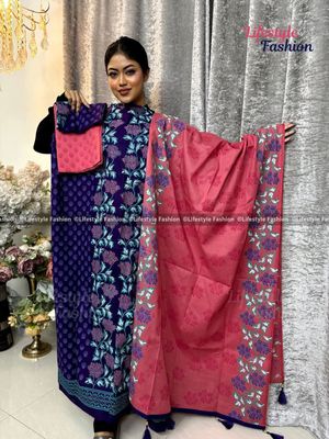 প্রিমিয়াম কোয়ালিটি ব্লক প্রিন্ট কটন থ্রি-পিস_img_0
